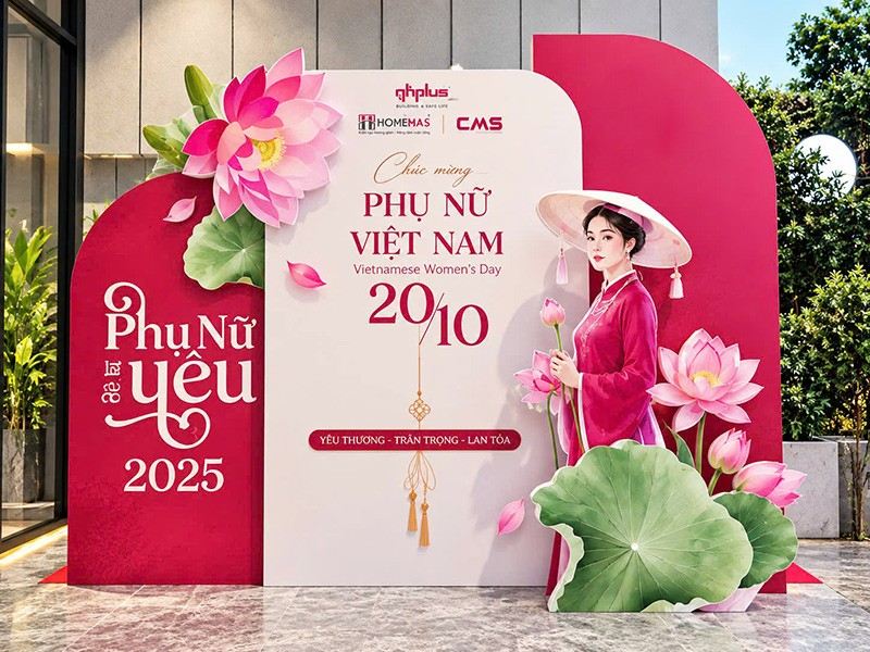 Backdrop ngày phụ nữ việt nam 20-10 màu hồng, hoa sen, truyền thống