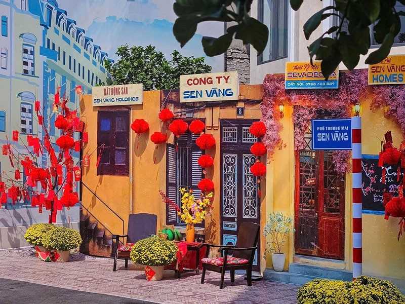 Backdrop Tết cổ điển của công ty Sen Vàng