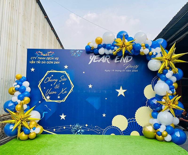 Backdrop Year End Party xanh dương