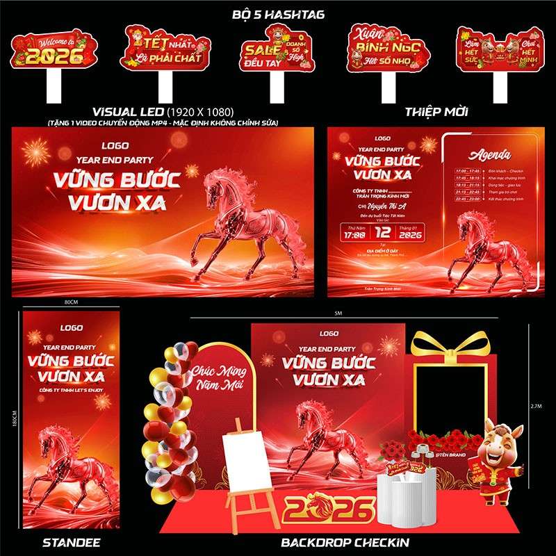 Bộ POSM và backdrop tất niên 2026