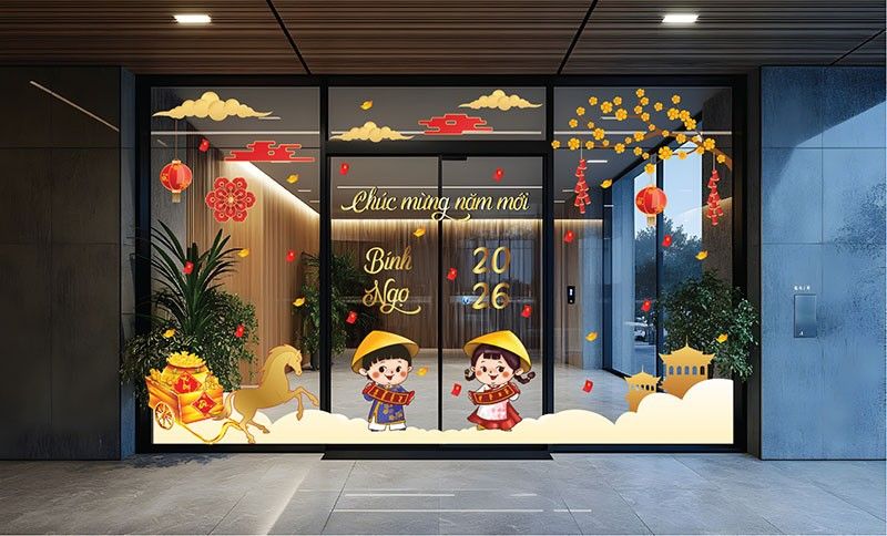 mẫu decal dán kính tết 2026 đẹp cho văn phòng, cửa hàng, quán cà phê
