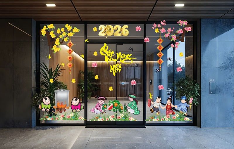 mẫu decal dán kính tết 2026 đẹp cho văn phòng, cửa hàng, quán cà phê