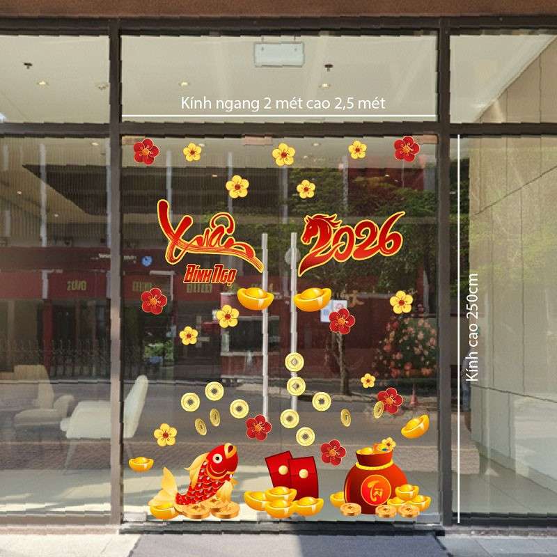 mẫu thực tế decal dán kính tết 2026 đẹp cho văn phòng, cửa hàng, quán cà phê