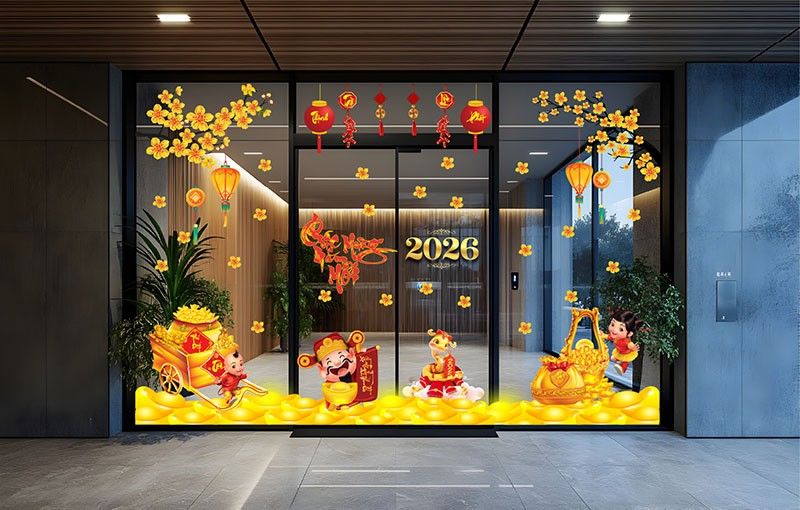 mẫu decal dán kính tết 2026 đẹp cho văn phòng, cửa hàng, quán cà phê