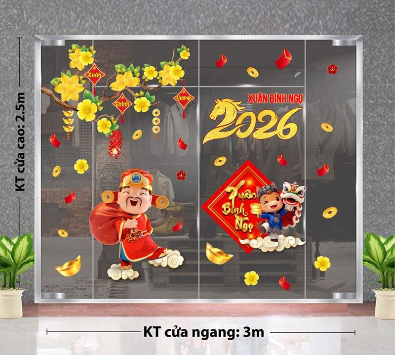 mẫu thực tế decal dán kính tết 2026 đẹp cho văn phòng, cửa hàng, quán cà phê