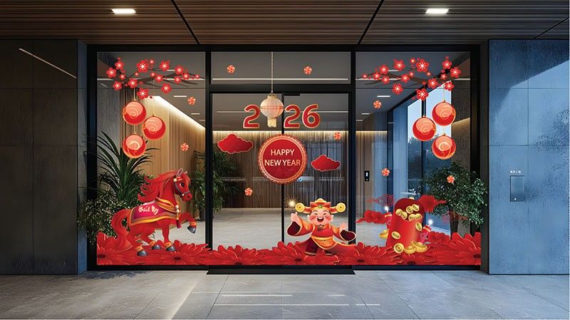 mẫu thực tế decal dán kính tết 2026 đẹp cho văn phòng, cửa hàng, quán cà phê