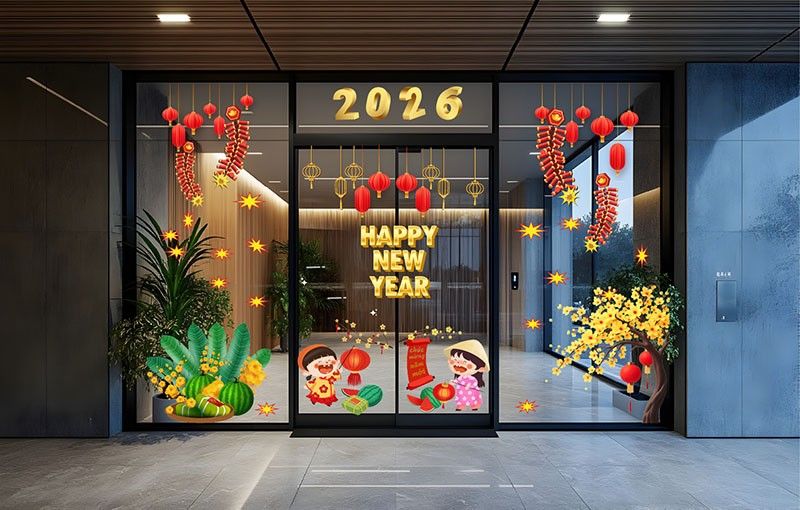 mẫu decal dán kính tết 2026 đẹp cho văn phòng, cửa hàng, quán cà phê