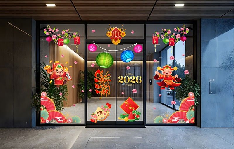 mẫu decal dán kính tết 2026 đẹp cho văn phòng, cửa hàng, quán cà phê