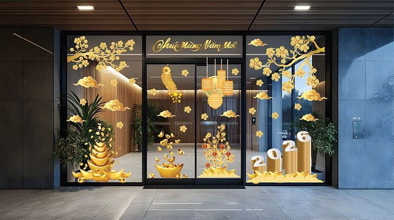 mẫu decal dán kính tết 2026 đẹp cho văn phòng, cửa hàng, quán cà phê