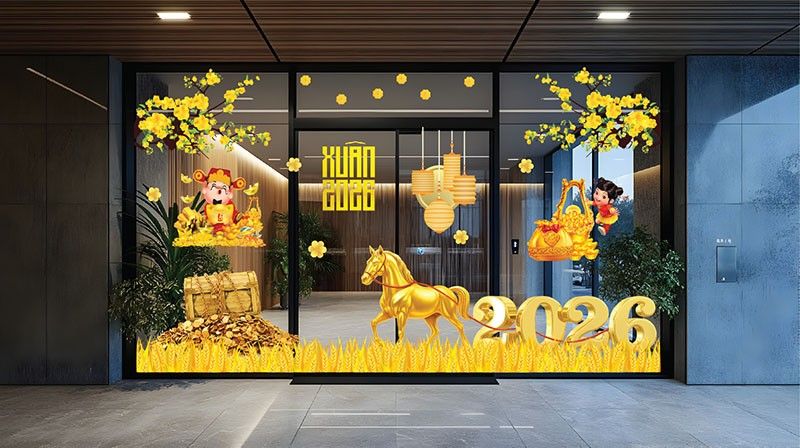 mẫu decal dán kính tết 2026 đẹp cho văn phòng, cửa hàng, quán cà phê