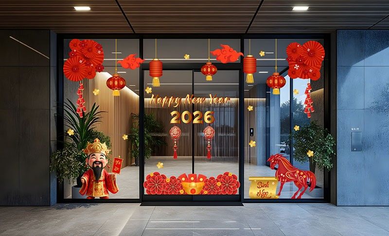 mẫu decal dán kính tết 2026 đẹp cho văn phòng, cửa hàng, quán cà phê