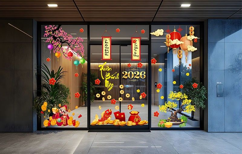 mẫu decal dán kính tết 2026 đẹp cho văn phòng, cửa hàng, quán cà phê