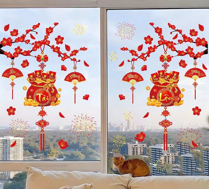 mẫu thực tế decal dán kính tết 2026 đẹp cho văn phòng, cửa hàng, quán cà phê