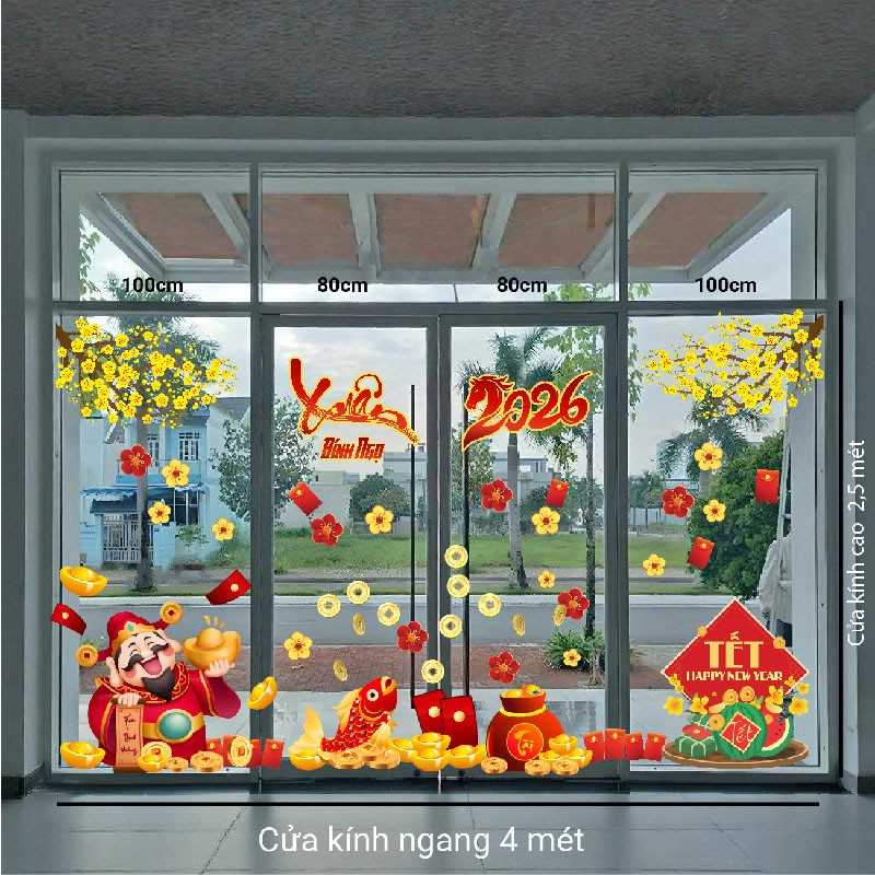 mẫu thực tế decal dán kính tết 2026 đẹp cho văn phòng, cửa hàng, quán cà phê