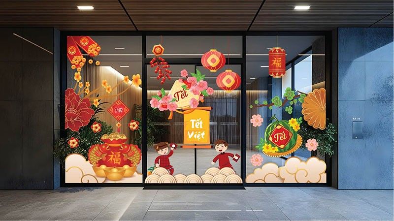 mẫu decal dán kính tết 2026 đẹp cho văn phòng, cửa hàng, quán cà phê