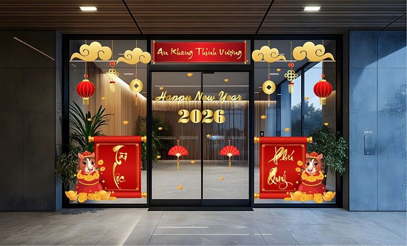mẫu decal dán kính tết 2026 đẹp cho văn phòng, cửa hàng, quán cà phê
