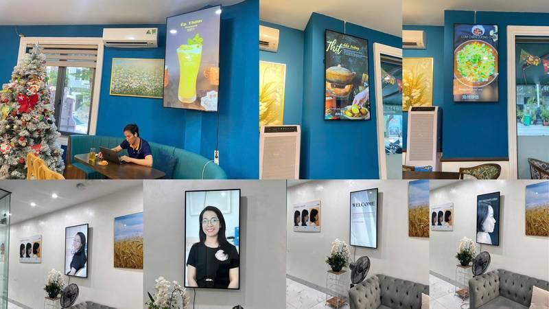 Cho thuê màn hình quảng cáo chân đứng giá rẻ HCM tại quán trà và văn phòng hiện đại.