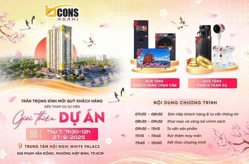 ALT: Banner tổ chức sự kiện ra mắt dự án bất động sản trọn gói HCM với lịch trình và quà tặng hấp dẫn.