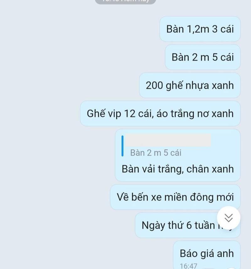 Chat tin nhắn đặt hàng dịch vụ cho thuê khăn trải bàn sự kiện và bọc ghế sự kiện giá rẻ.