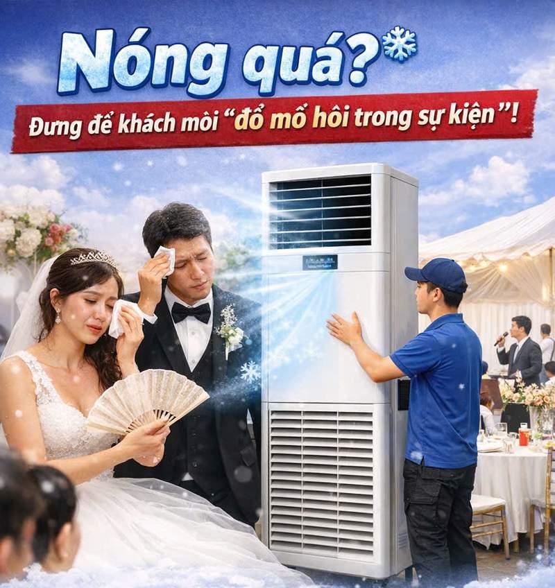 Cho thuê máy lạnh sự kiện công suất lớn, setup nhanh giúp cô dâu chú rể và khách mời mát mẻ trong tiệc cưới.