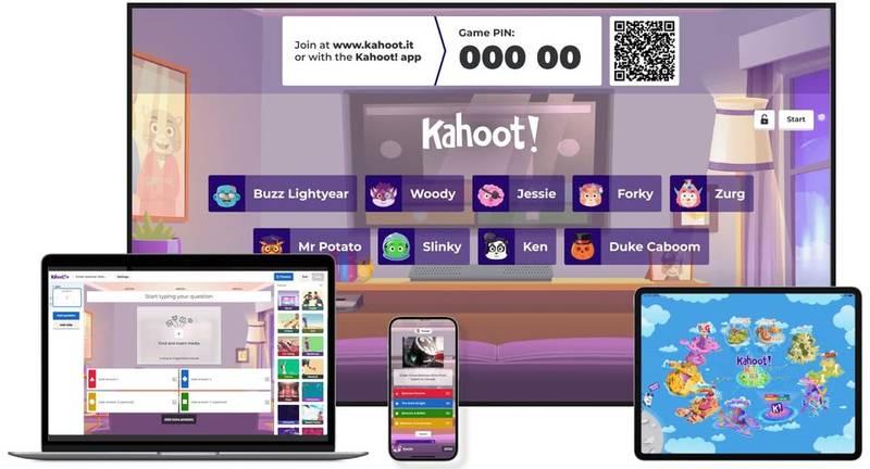 Ảnh giao diện trò chơi Kahoot hiển thị trên nhiều thiết bị với dịch vụ cho thuê tài khoản Kahoot sự kiện 1000 người bản quyền.