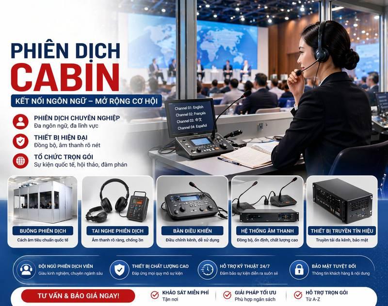 Cho thuê thiết bị phiên dịch trọn gói với buồng phiên dịch và hệ thống âm thanh hiện đại cho hội thảo, hội nghị chuyên nghiệp.