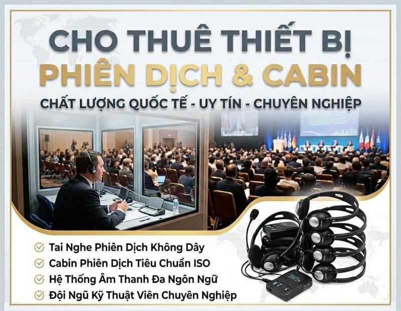 Ảnh cho thuê thiết bị phiên dịch trọn gói phục vụ hội thảo, hội nghị chuyên nghiệp với tai nghe không dây và cabin tiêu chuẩn ISO.