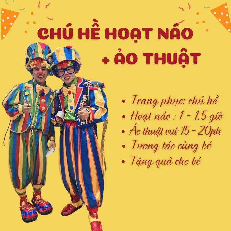 Cho thuê chú hề hoạt náo xiếc ảo thuật chuyên nghiệp HCM với trang phục rực rỡ và giao lưu vui nhộn cùng trẻ em.