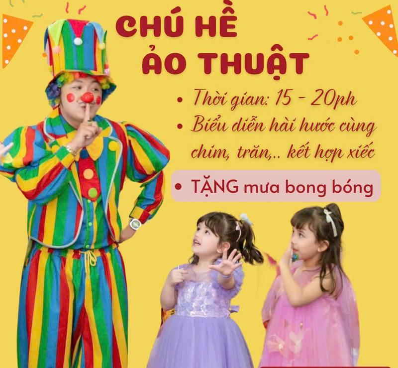 Cho thuê chú hề hoạt náo xiếc ảo thuật chuyên nghiệp HCM biểu diễn hài hước và tặng mưa bong bóng cho trẻ em.