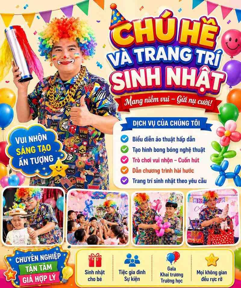 Cho thuê chú hề hoạt náo xiếc ảo thuật chuyên nghiệp HCM biểu diễn vui nhộn và trang trí sinh nhật.