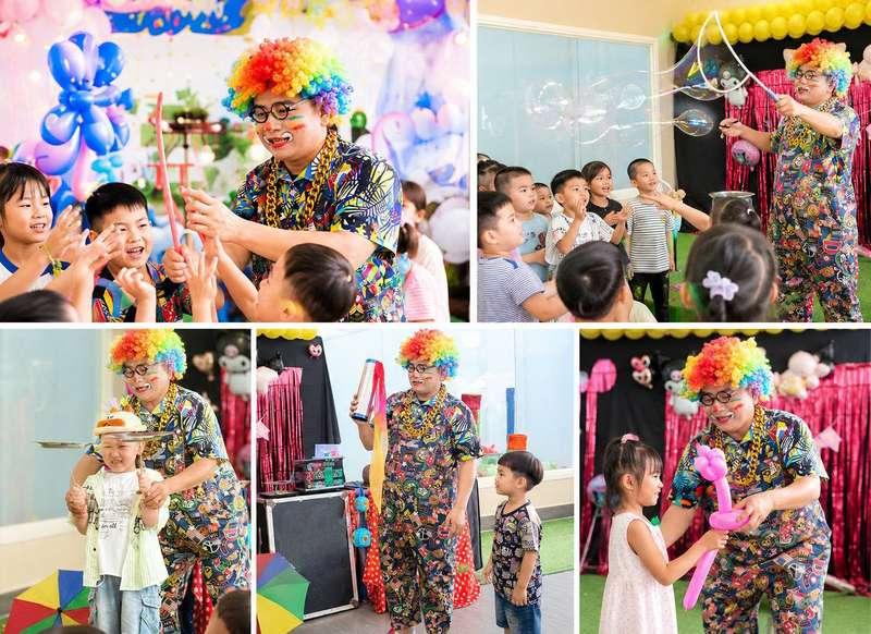 Cho thuê chú hề hoạt náo xiếc ảo thuật chuyên nghiệp HCM đang biểu diễn vui nhộn cùng các bé tại tiệc sinh nhật.