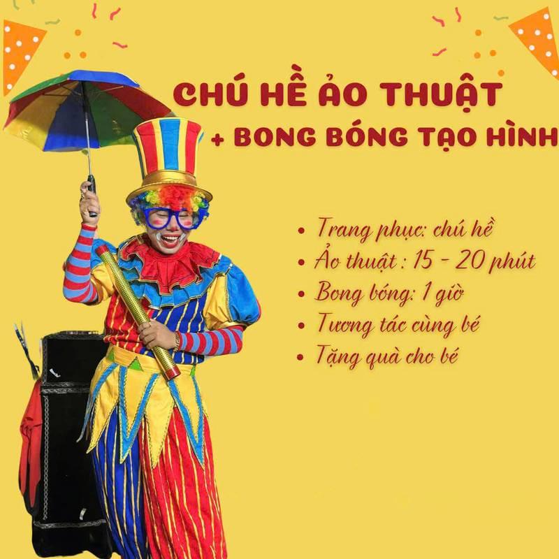 Cho thuê chú hề hoạt náo xiếc ảo thuật chuyên nghiệp HCM với trang phục màu sắc và phụ kiện biểu diễn.